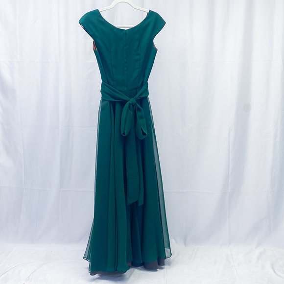 Elegant Crepe Chiffon Dress Forest Green Gown Cap Sleeve Tie Back BILL LEVKOFF - Picture 4 of 15